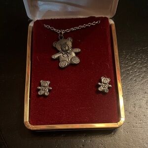 Vintage Pewter Teddy Bear Necklace and Earring Set